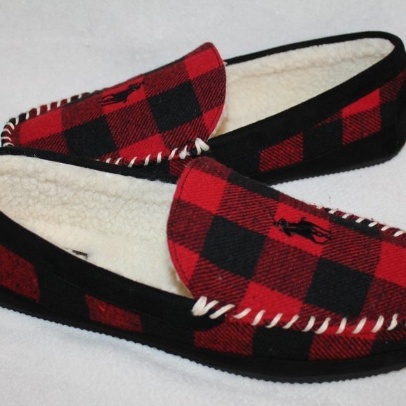 POLO RALPH‎ LAUREN MEN'S PLAID SLIPPERS RED BLACK - Picture 1 of 6